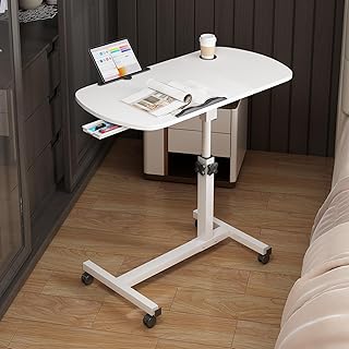 Secretária elevada de pé móvel, mesa de secretária com computador com altura ajustável, mesa de cama com rodas, moldura giratória de 360°, secretária dobrável para sofá, 60 x 40 cm, branco