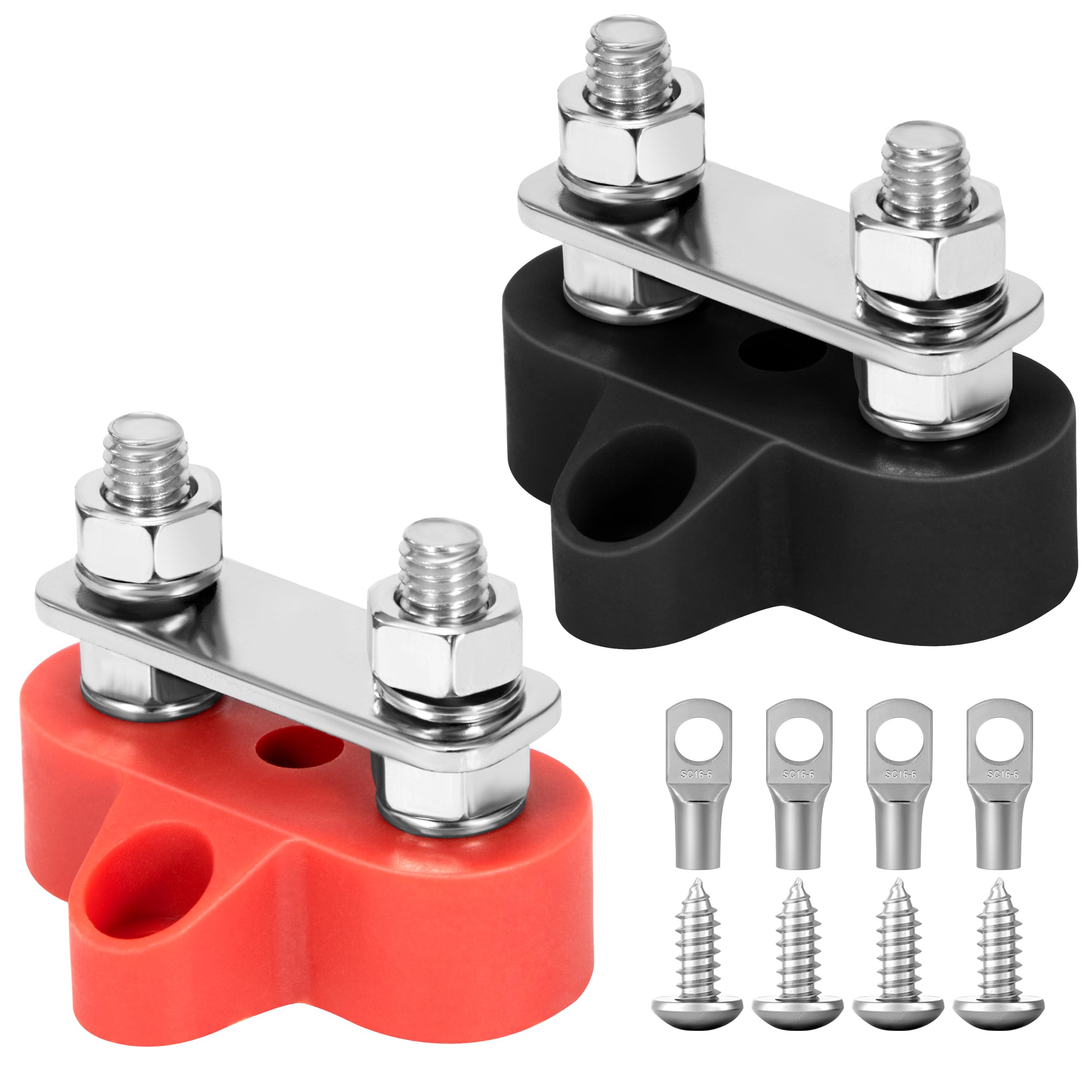 QIMEI-SHOP Morsettiera di Distribuzione dell'alimentazione della Batteria M6 Morsettiera Batteria Bus Bar Doppio Perno 12V-48V per Auto Camion Camper Barca Rosso e Nero 2 Pezzi