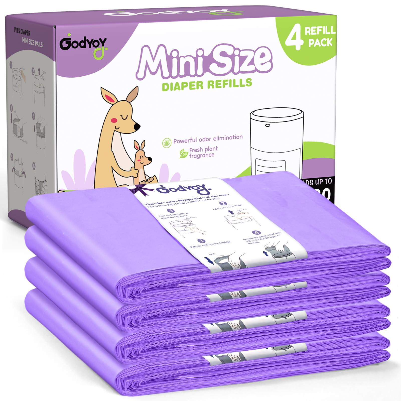 Ricariche compatibili con DEKOR MINI sacchetti di ricarica per secchio per pannolini, confezione da 4 sacchetti extra spessi e potenti odori eliminano il 20% di lunghezza extra, contiene fino a