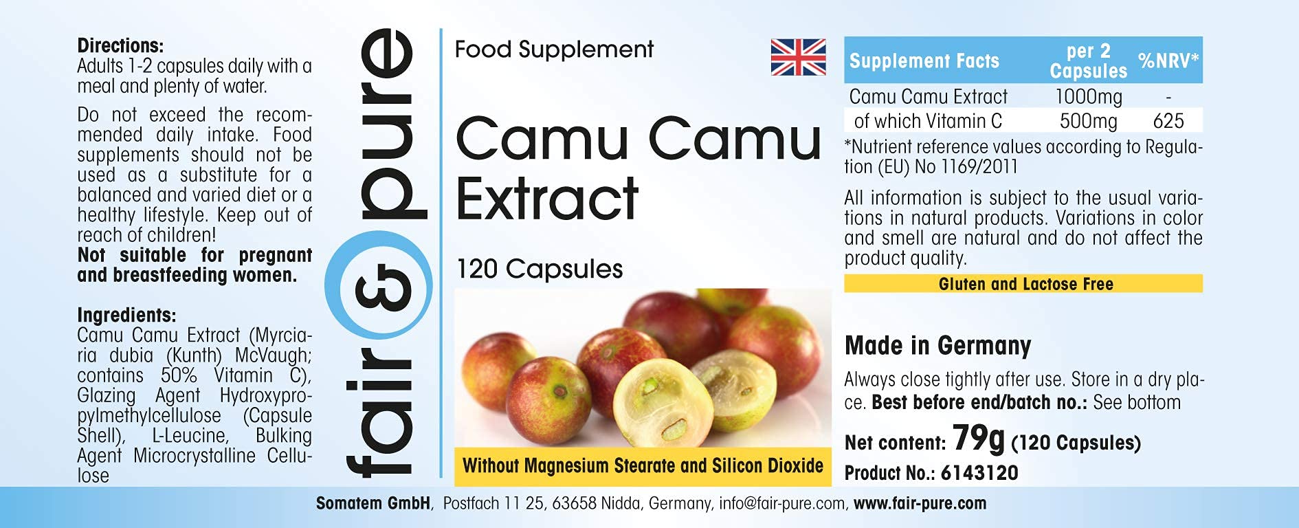 Fair & Pure Camu Camu Extrakt, 120 Kapseln, natürliches Vitamin C, hochdosiert, Nahrungsergänzungsmittel vegan ohne Magnesiumstearat, in Deutschland hergestellt (Packung mit 2)