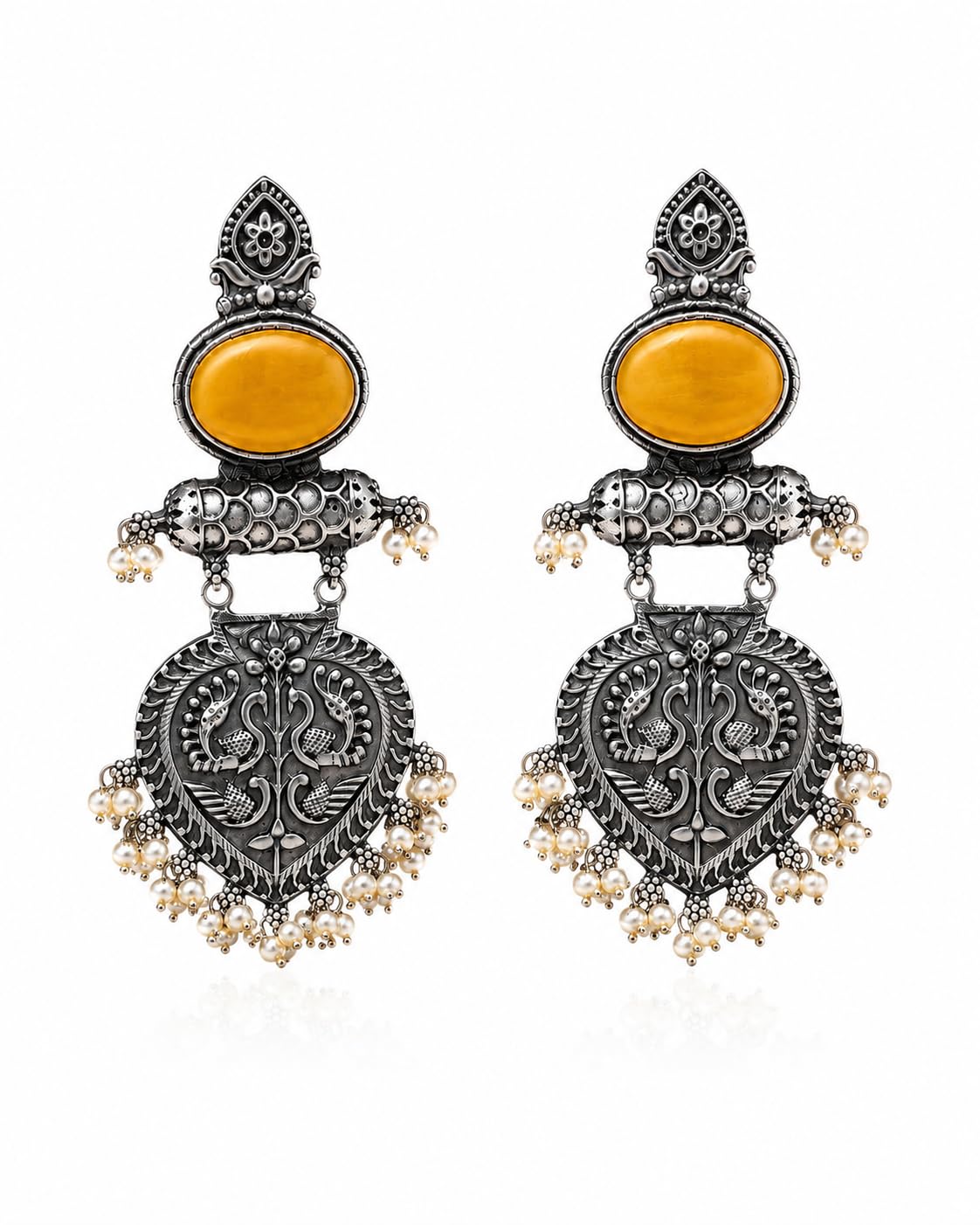 Oxidized Traditional Peacock Earrings for Women | Yellow Stone Statement Dangle Earrings with Pearl Beads | Ethnic Imitation Jewellery-image-21