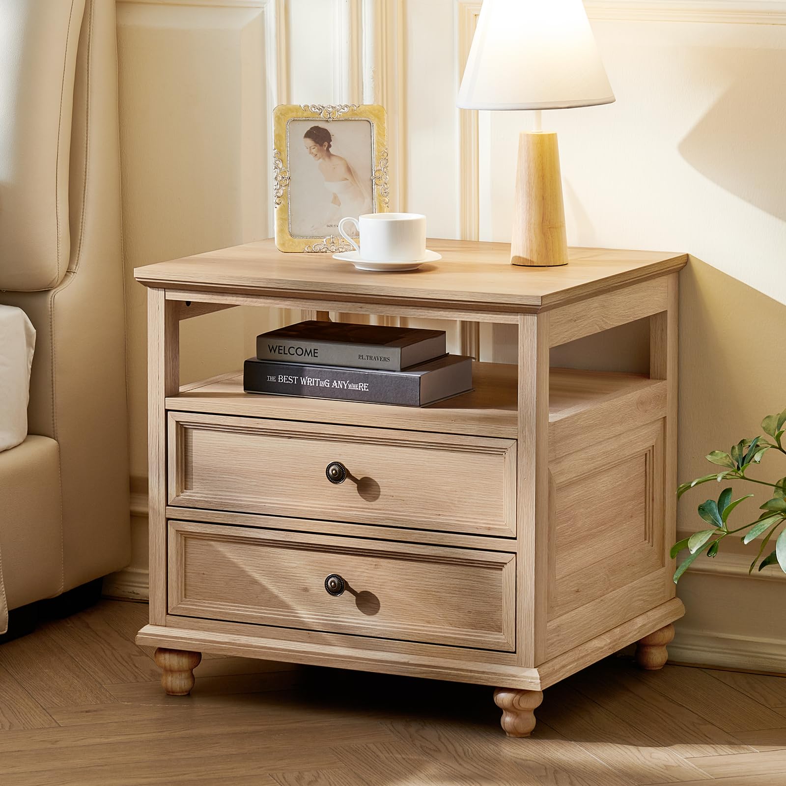 Joaxswe 24" Wide Farmhouse Night Stand,Large End Table with 2 Drawers &amp; Metal Handle,Wood Dresser for Bedroom, Natural Bed Side Table Chest of Drawers Cabinet,Nightstand for Living Room,Closet