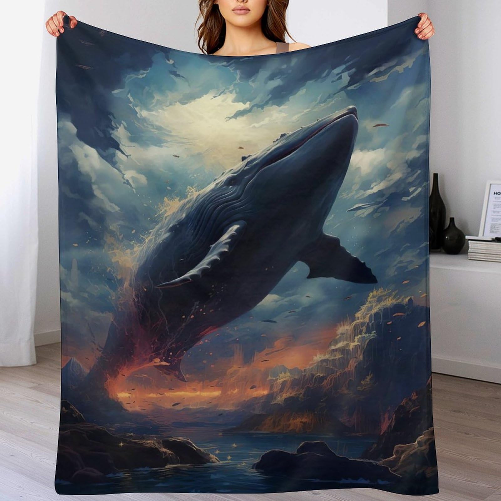 Couverture chaude en flannel haut de gamme motif baleine pour lit et canapé 150×200cm