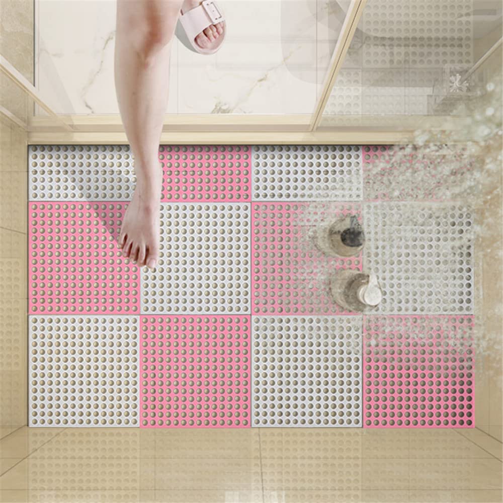 Hiseng Tappeto Doccia Antiscivolo, Cuciture ad Incastro Tappetino Lavabile Tappetini Antiscivolo con Fori di Scarico e Ventose, per Bagno, Cucina, Casa Interno Esterno (Rosa Bianco,10pc)