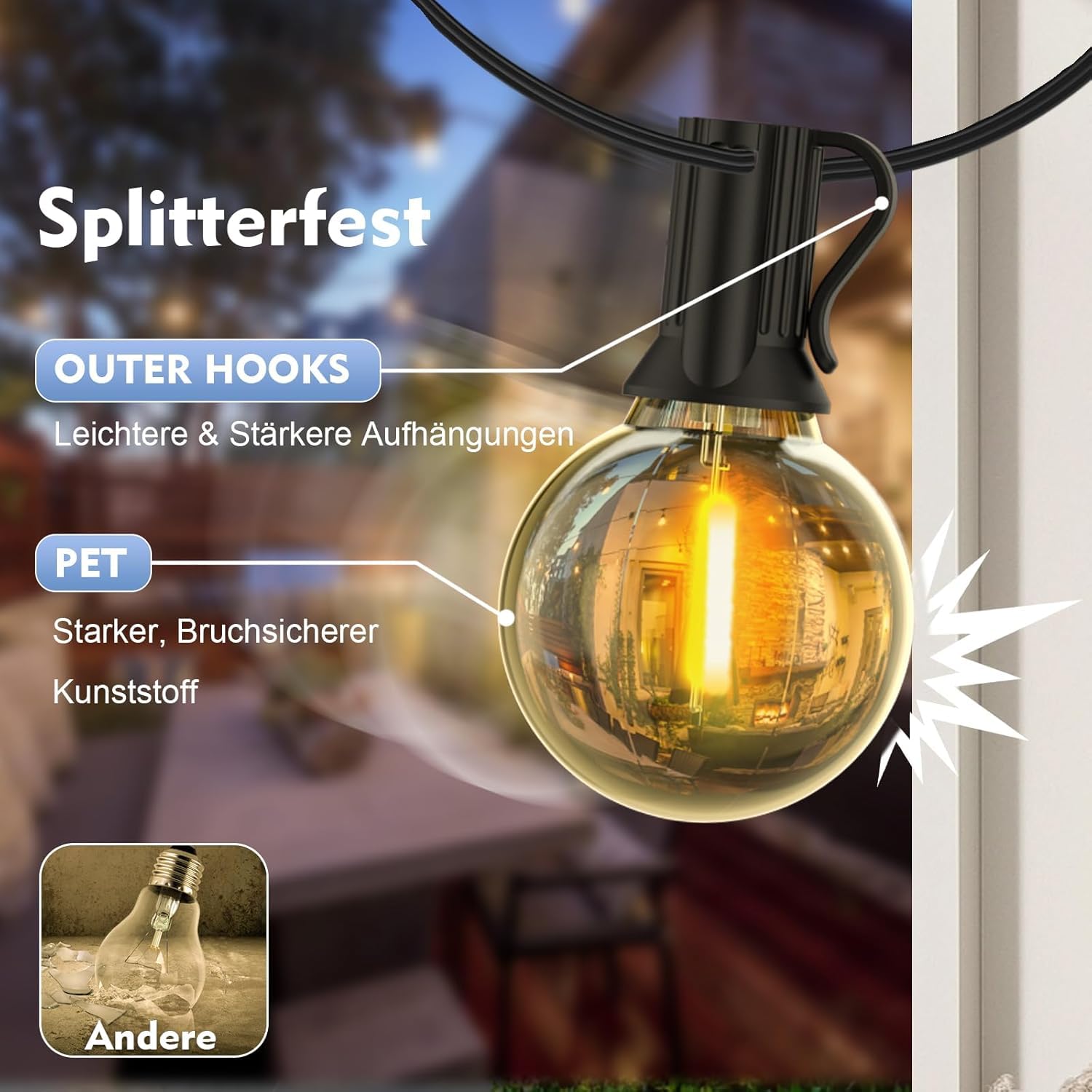 15M USB LED Lichterkette Outdoor, 5V G40 Bruchsichere Kunststoff Glühbirnen, Wasserdicht IP44 Patio Fairy Lichterkette für Garten, Hochzeit, Camping & Party Dekoration