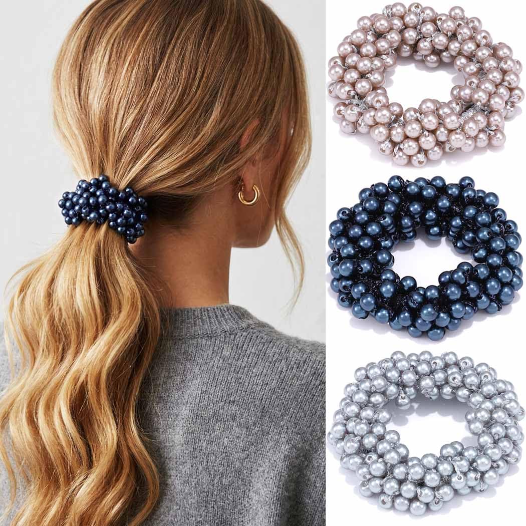 Fashey Coleteros elásticos para el pelo con perlas y cuentas azules, 3 piezas, accesorios elásticos para el cabello para mujer