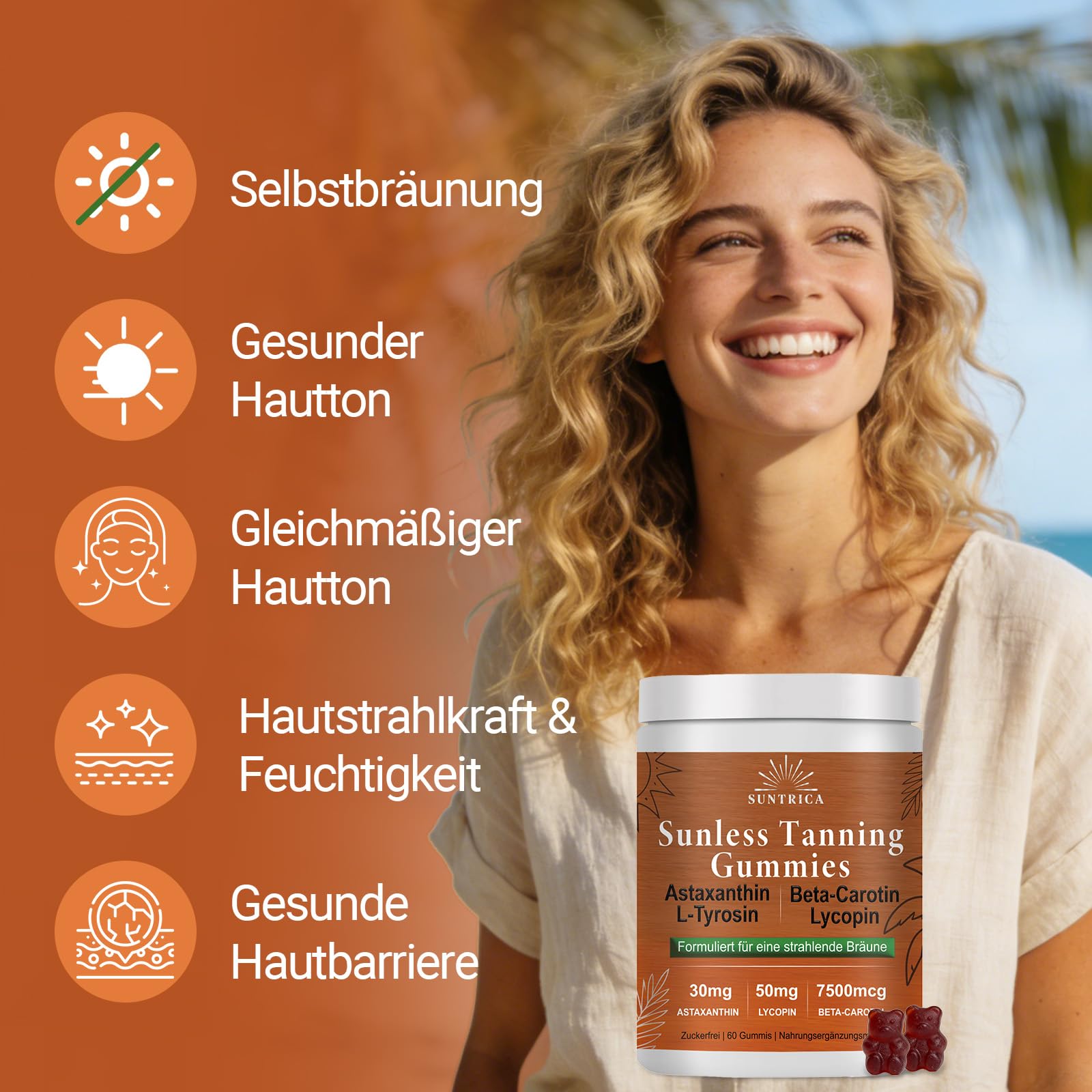 Tanning Gummies – Natürlicher Selbstbräuner von Innen mit Beta Carotin, Astaxanthin & L-Theanin – Bräunungs Gummibärchen für einen Shine Brown Teint ohne UV – Alternative zu Bräunungskapseln, 60 Stück