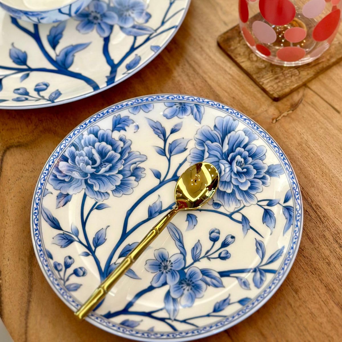 GOLDEN QUEEN'S Snack Plates Set of 4 | Perfect for Serving Small Bites, Desserts, Appetizers, Salads, Tapas, Cheese Boards | 7 inches Wide | Microwave Safe - Saphhire Bloom