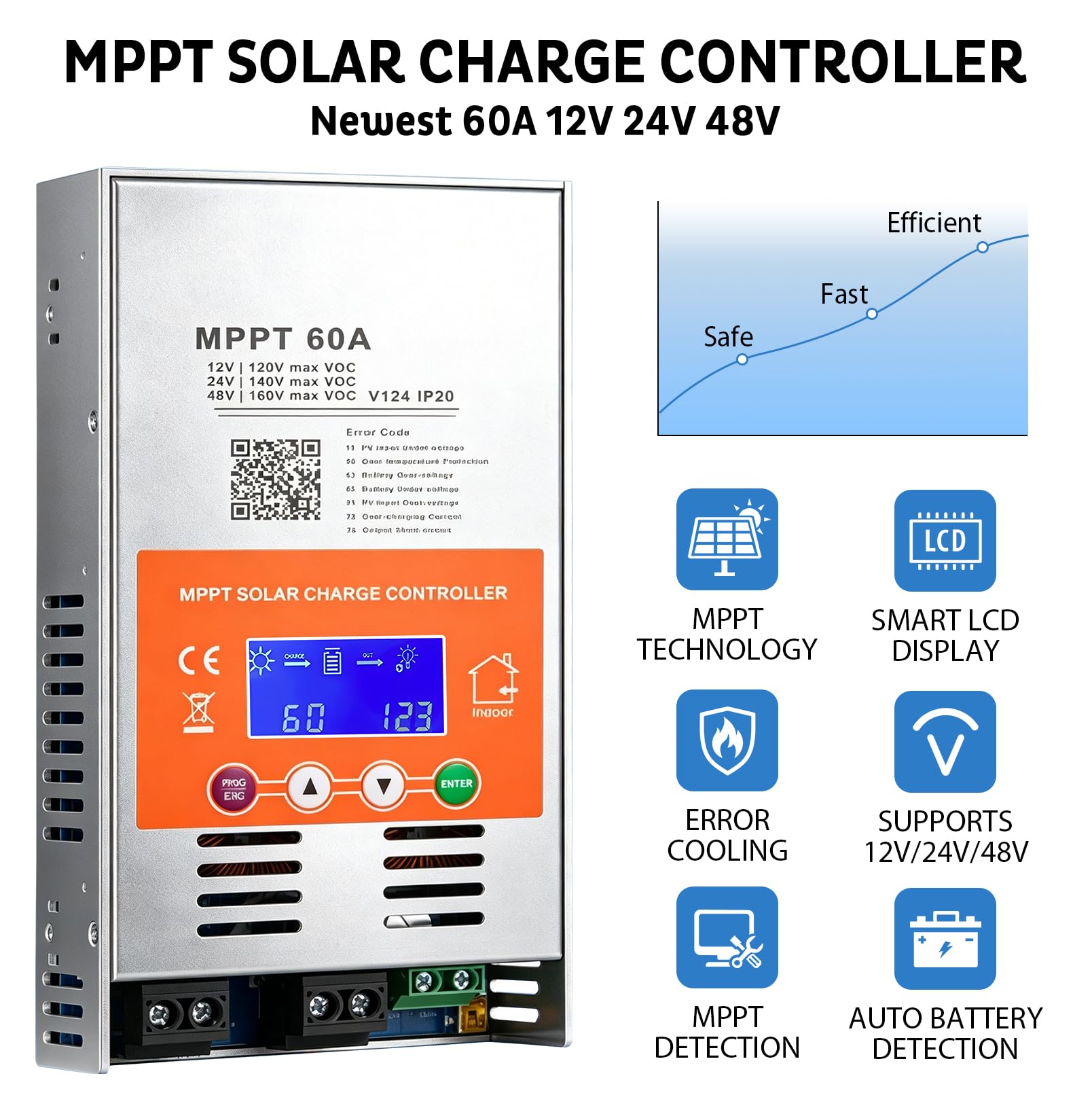 MPPT Laderegler Solar 60A 12V/24V/48V Auto, Solarregler mit LCD-Anzeige, Max PV Leerlaufspannung 160V, Eingebauter WiFi Adapter APP Fernsteuerung, ohne Batterie