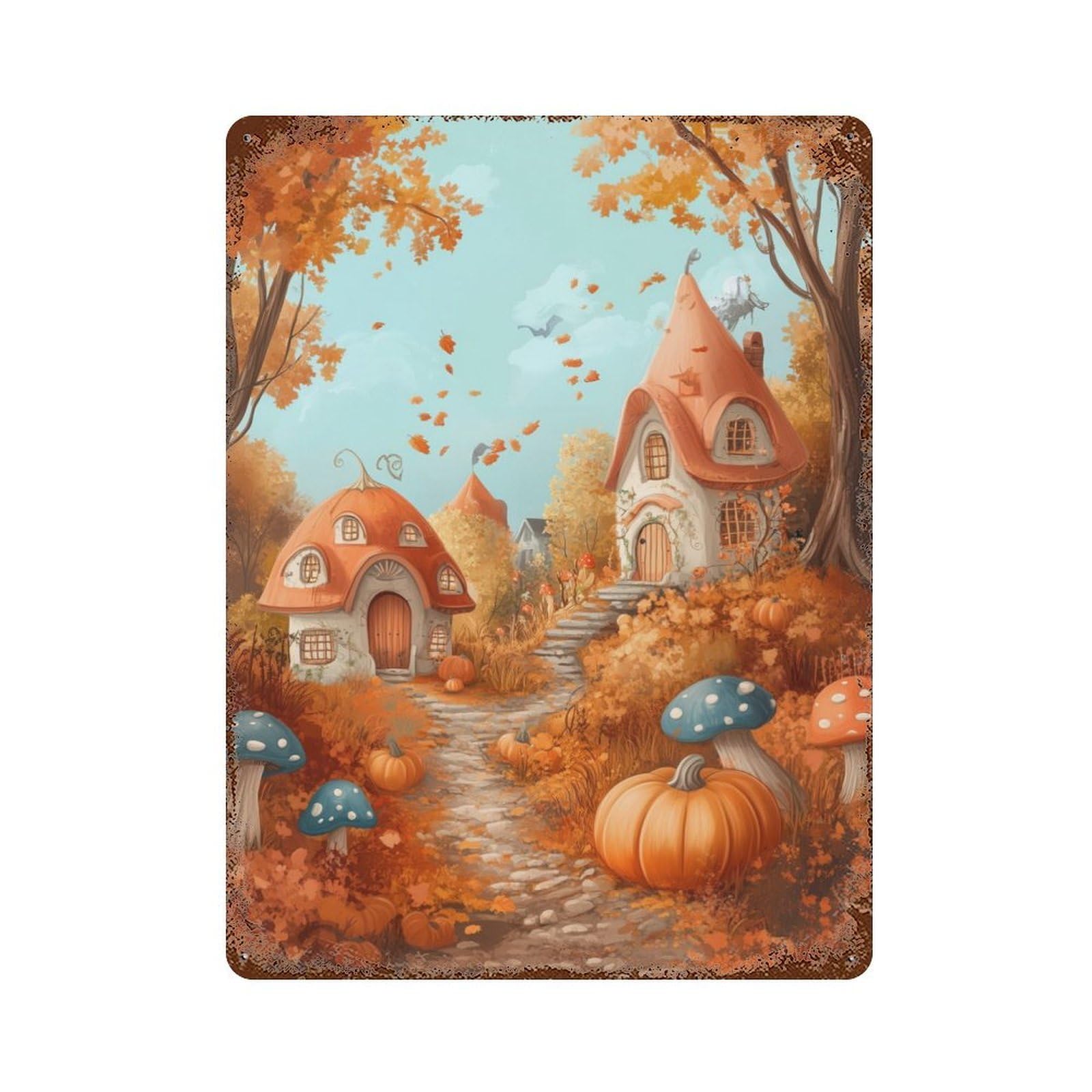 Autumn Cottage Village Vintage Rust Metal Sign 15.7"x11.8", Ideal for Basement, Hobby Room And Garage Decor