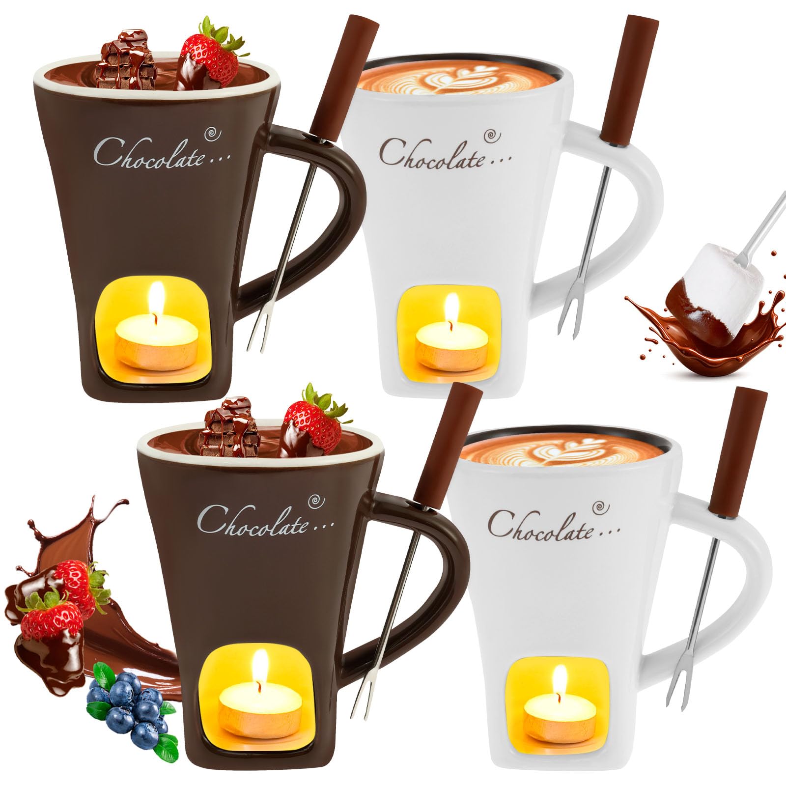 Set of 4 Ceramic Chocolate Fondue Mug with Fork Melting Pot