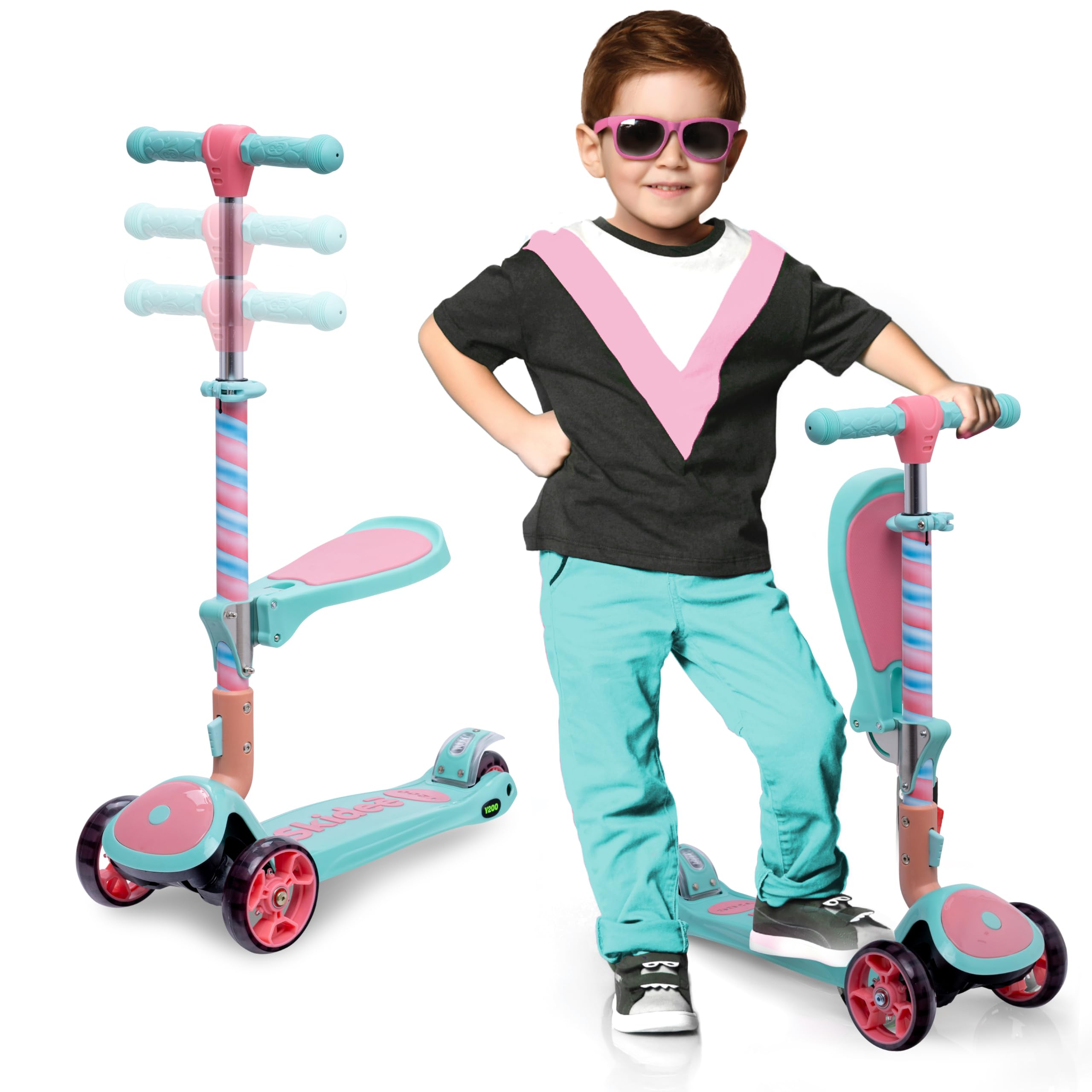 SKIDEEKick Scooters for Kids Ages 3-5, Adjustable Height Foldable Scooter with Removable Seat, 3 LED Light Wheels, Rear Brake, Wide Standing Board, Suitable Up to 12 Year Old Boys/Girls