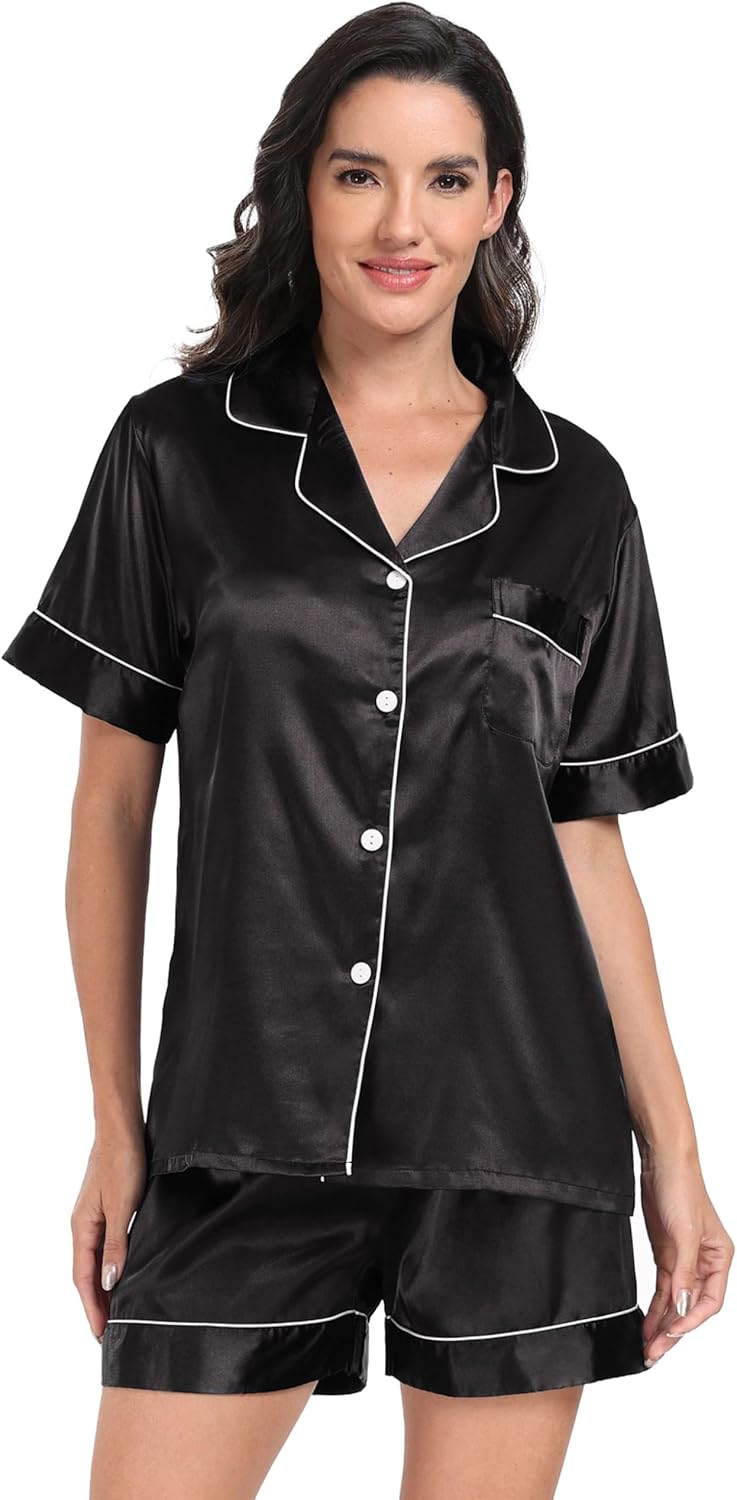 Super Shopping-zone Women's Satin Pajama Set Silk Pjs Button Down Pajamas Short Sleeve Sleepwear Lounge Set