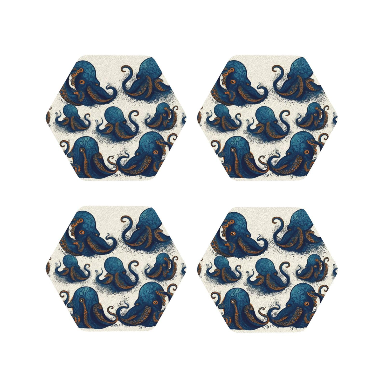 4Pcs PU Leather Coaster for Drinks, Tentacles Octopus Cup Coastersr 4" Cup Mat Pad, Aesthetic Drink Coasters for Coffee Table, Hexagon Coaster for Tabletop Protection