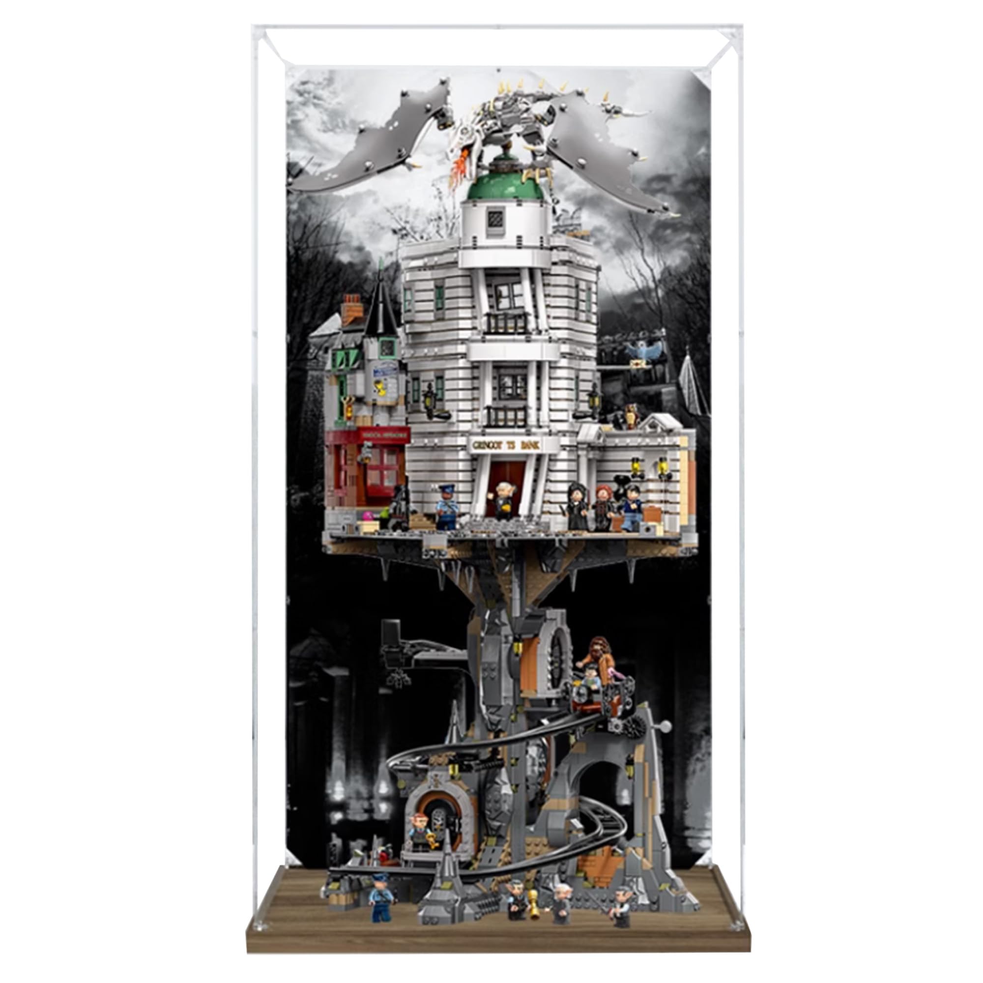 QIXINDGYH Acrylic Display Case for Lego 76417 Gringotts Wizarding Bank, Clear, Dust-Proof, Compatible with Lego 76417 (Only Display Case, Wooden Base)