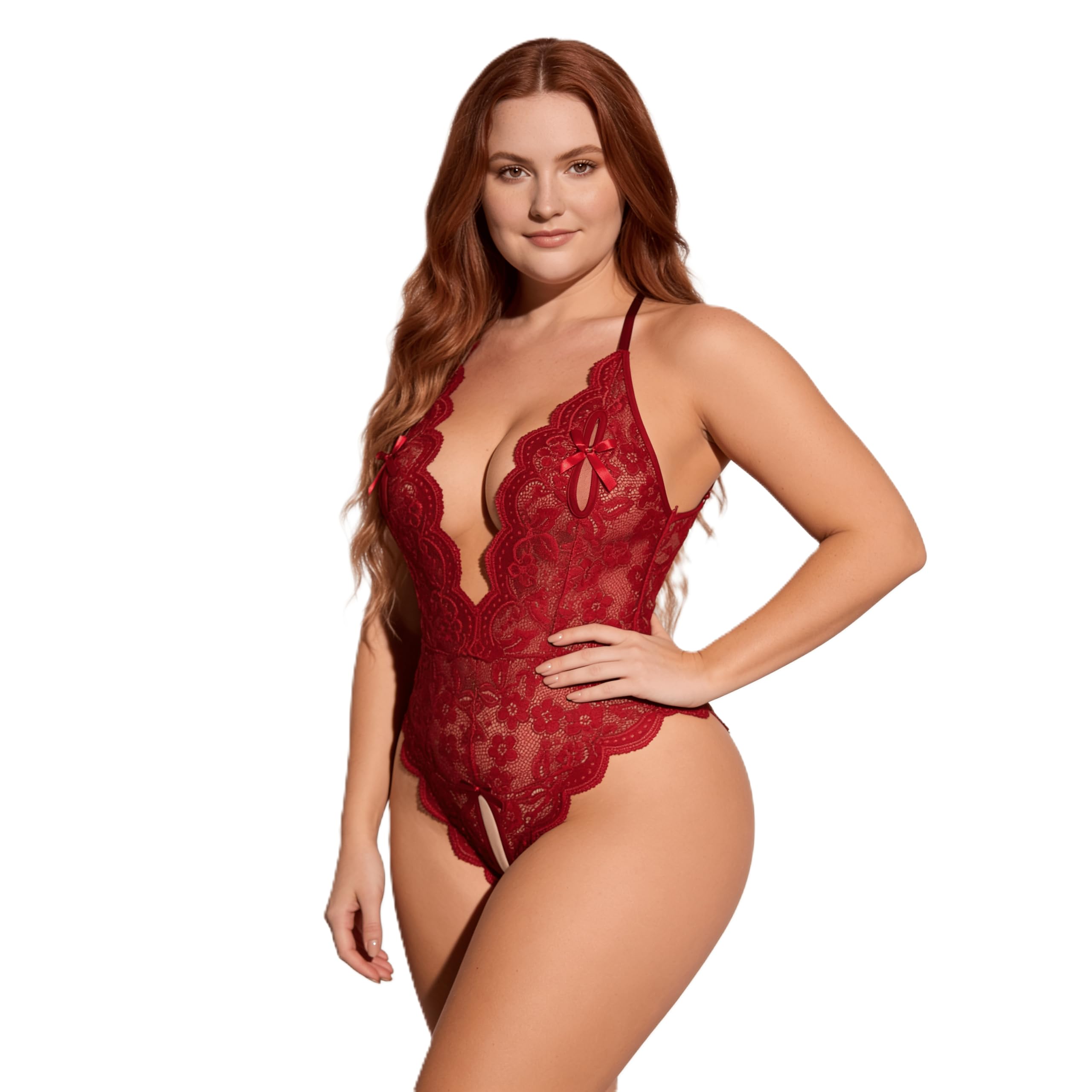 Women’s Red Lace Teddy – Elegant Lingerie with Plunging V-Neck, Halter Back & Scalloped Trim, Soft & Stretchy Fit-image-49