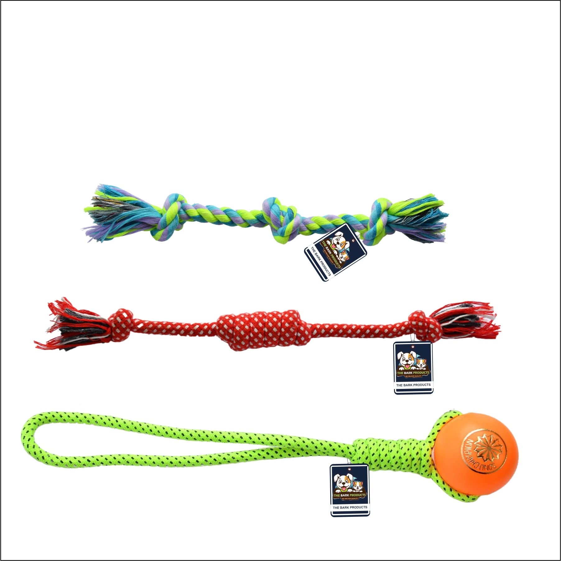 The Bark Products Heavy Duty Dental Dog Chew Toys Plastic Murra and Rope Toffee with 3 Knot Rope Durable Exceptional Attractive Vibrant Colors (Color May Vary) Set of 3 (B0BKG9VKYY) Amazon Price History, Amazon Price Tracker