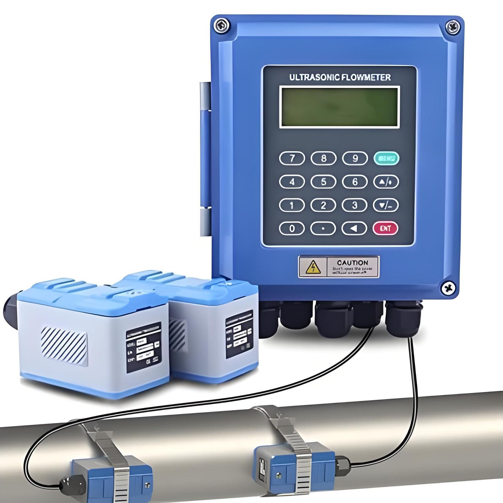 Portable Ultrasonic Flow Meter, Digital Clamp-On Ultrasonic Flow Meter,High Accuracy ±1% with LCD Display -30~90℃ for Pipe Diameter DN15 to 6000mm DN15-DN100