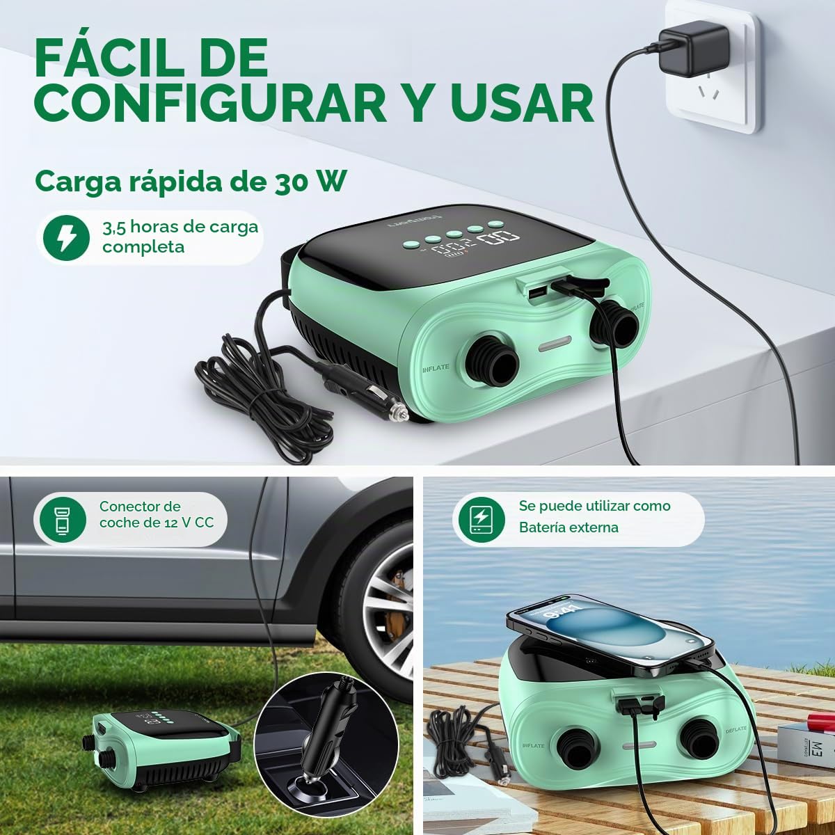 FBSPORT Inflador Electrico Paddle Surf Recargable 4000mAh Batería & 12V DC, 20PSI Bomba de Aire Eléctrica con Función de Apagado Automático y LCD Hinchador para Kayak Colchón de Aire Tienda y Barco