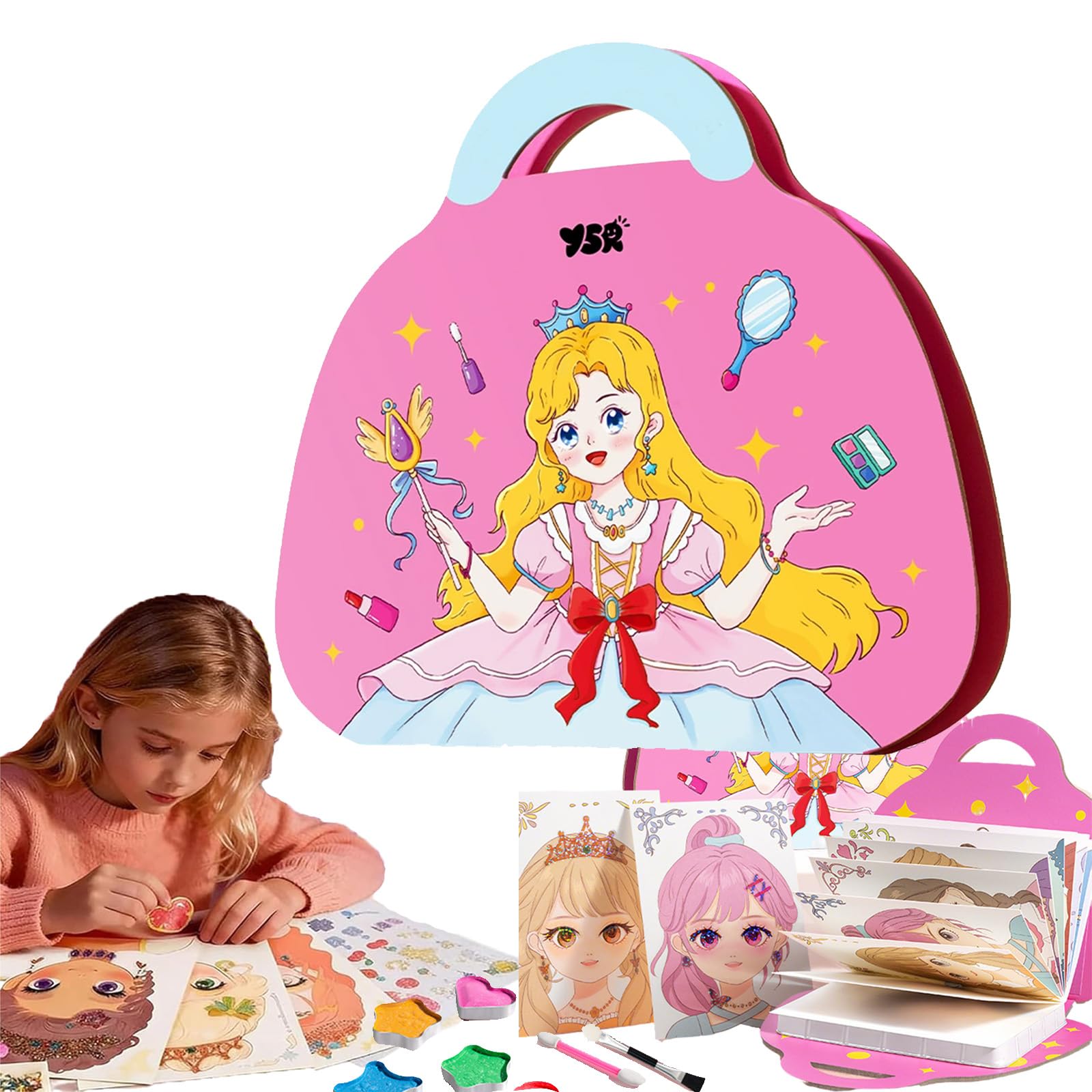 Qosneoun Princess Glam Magic Kit, The 4-in-1 Glam Book with Diamond Painting, Poked Art, Watercolor Painting & Stickers, Magical Princesses Dress Up Activity Kit (Magic: 20 Pages)