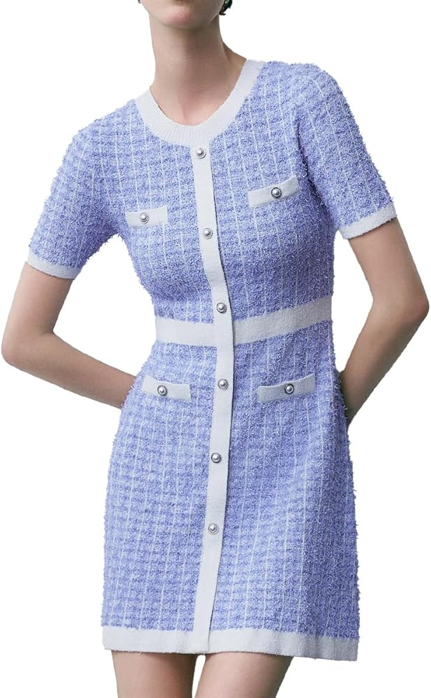URBAN REVIVO Women's Short Sleeve Tweed Knitted Sweater Dress