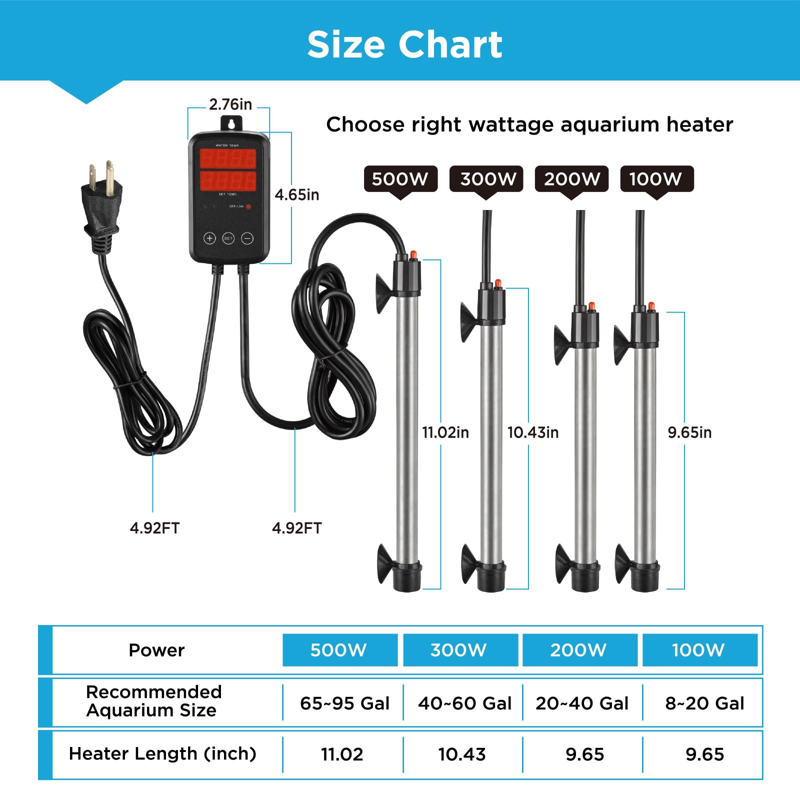 Calentador de acuario de titanio de 500 W, calentador sumergible para pecera con controlador de temperatura de pantalla digital, ajustable de 0 ℃ a 40 ℃, calentamiento rápido para pecera de