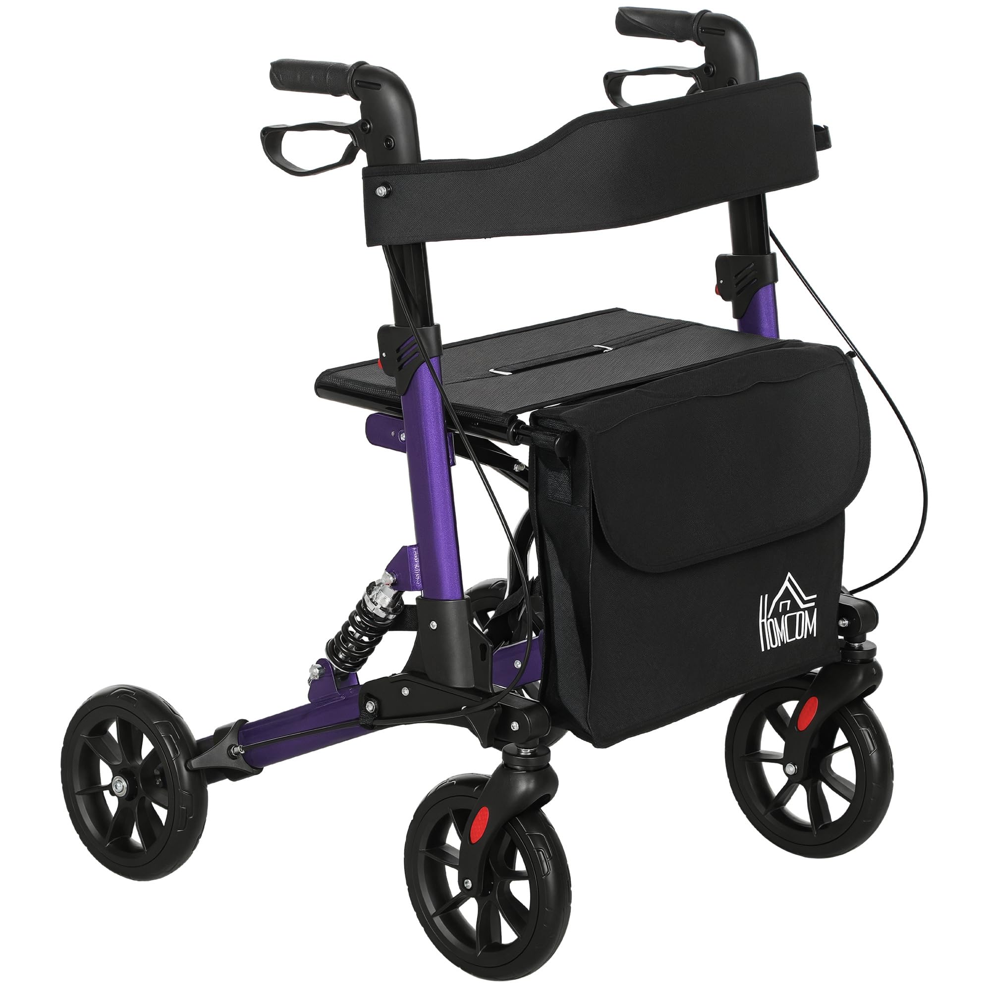 Folding Rollator Walker with Seat, Backrest, Lightweight Walking Frame with Storage Bag, Dual Brakes, Adjustable Handle Height, Suspension System, 4 Wheeled Walker for Seniors, Purple
