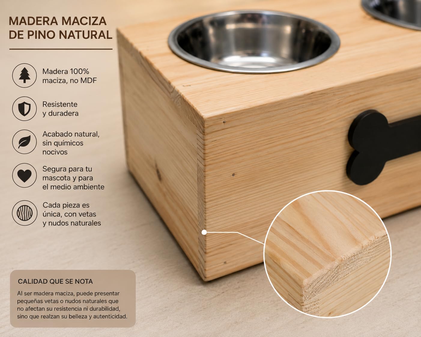 Comedero y Bebedero para Perro | Comedero Doble de Acero Inoxidable | Boles con Soporte Antideslizante | Hecho a Mano (L)