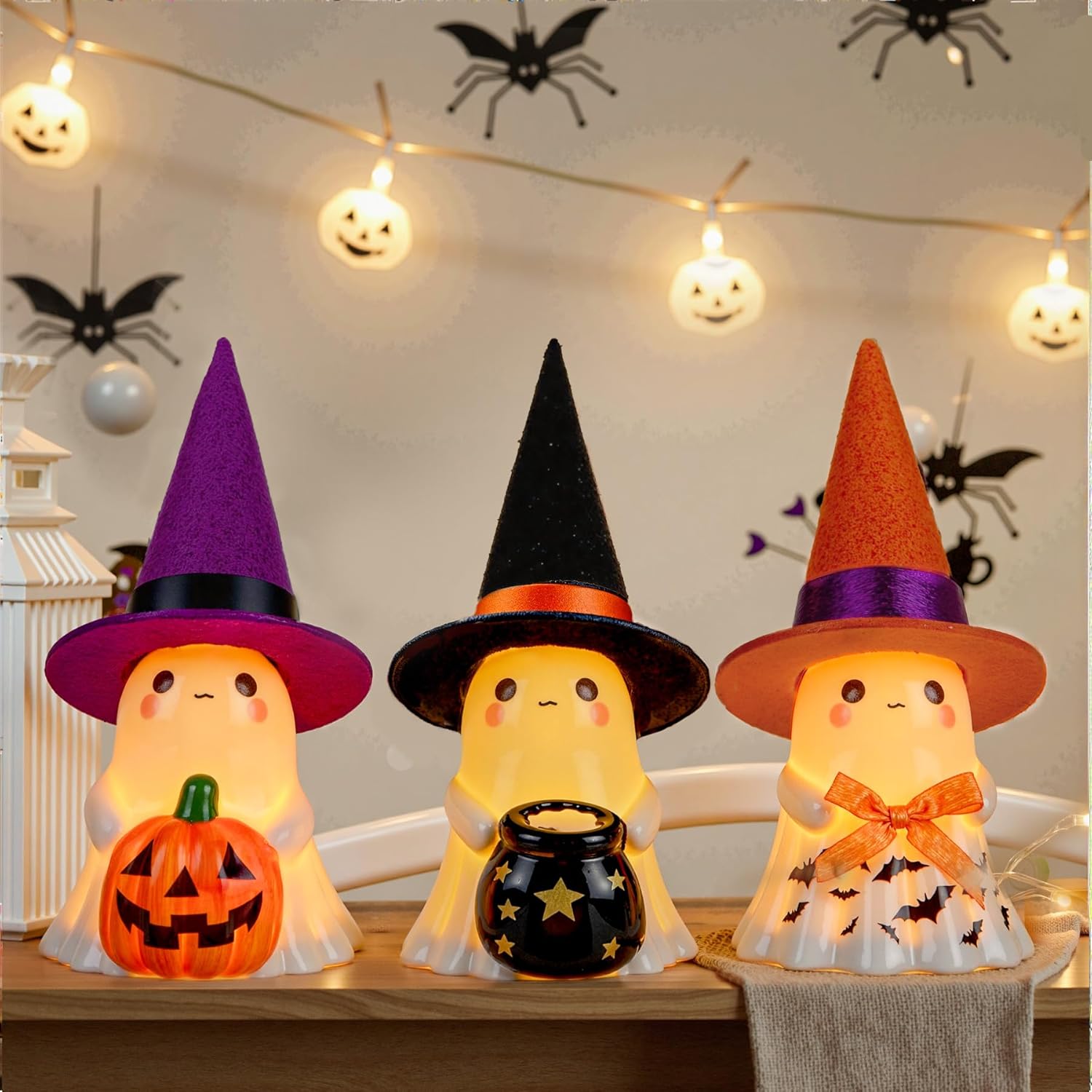 Halloween Decorations Indoor,3Pcs Cute Spooky Ceramic Ghost Halloween Decorations,Ghost Figurines with Hats - Adorable Tabletop Decor for Mantel,Party, Home, Porch Decor