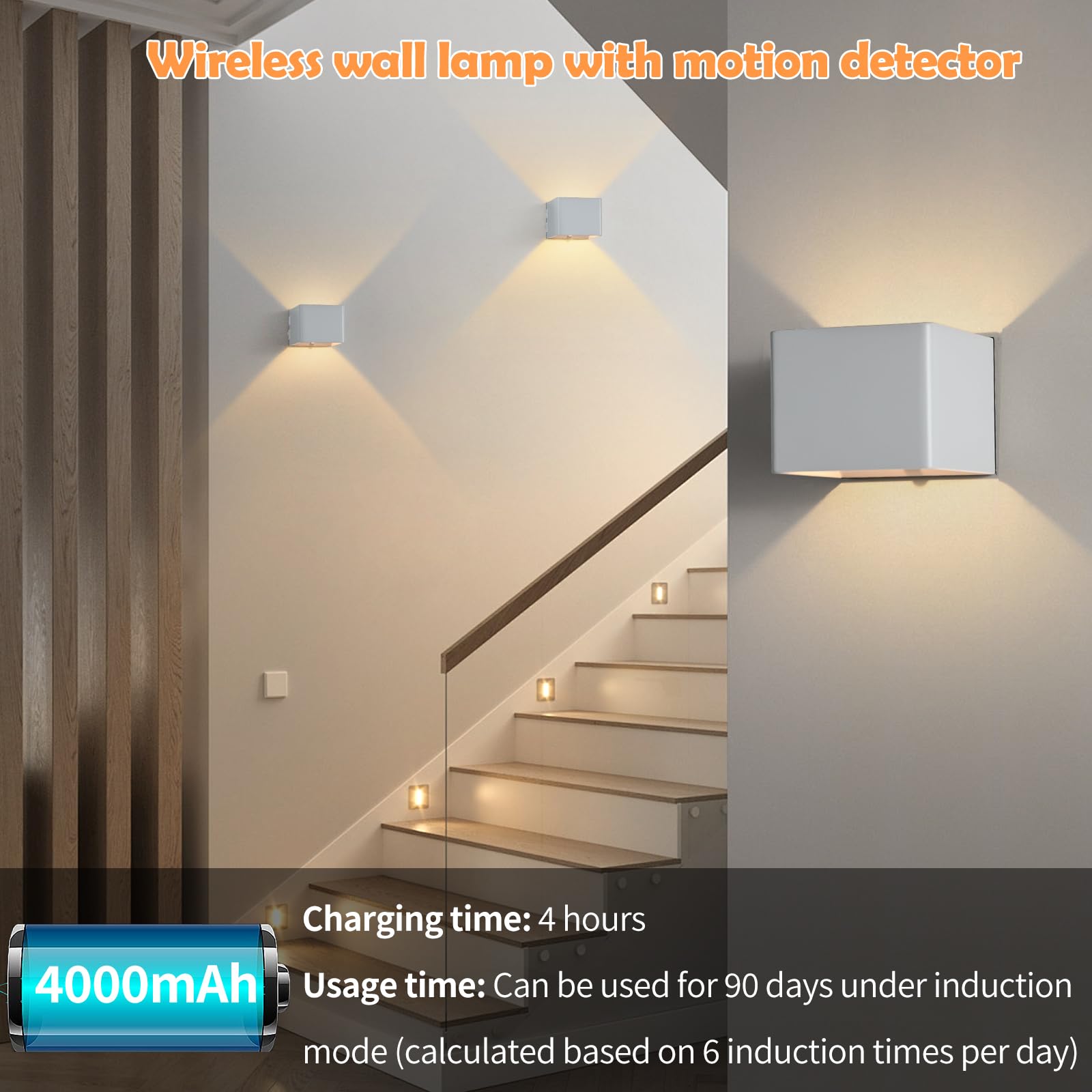 Euakee 2 Piezas 4000mAh Luz de Pared de Interior, Aplique de Pared Interior con Sensor de Movimiento, Lámpara de Pared con Batería de Carga USB, 4000K Lampara sin Cable para Dormitorio, Pasillo
