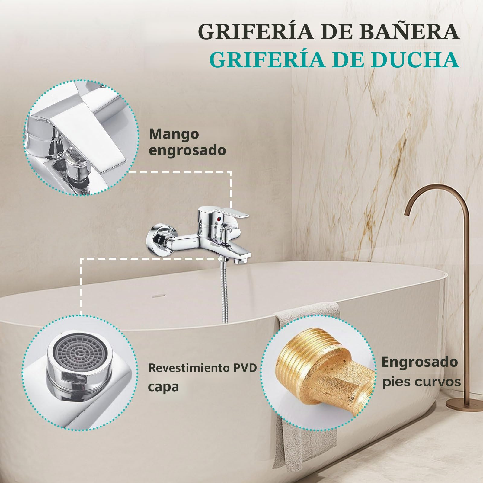 Kit Grifo Mezclador de Bañera, Grifo de Bañera Caliente y Frío con Accesorios de Montaje, Grifería para el Hogar y el Baño
