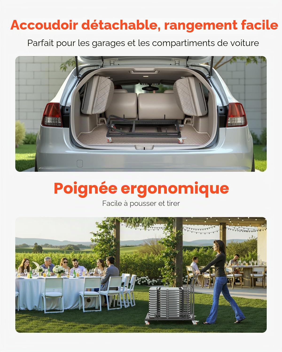 VEVOR Chariot de Chaise Pliante, Capacité de Charge 136 kg, Support en Métal Robuste pour 25 Chaises, Organiseur de Rangement Horizontal Forme en L avec roulettes 360°, pour Salle à Manger, Noir Mat