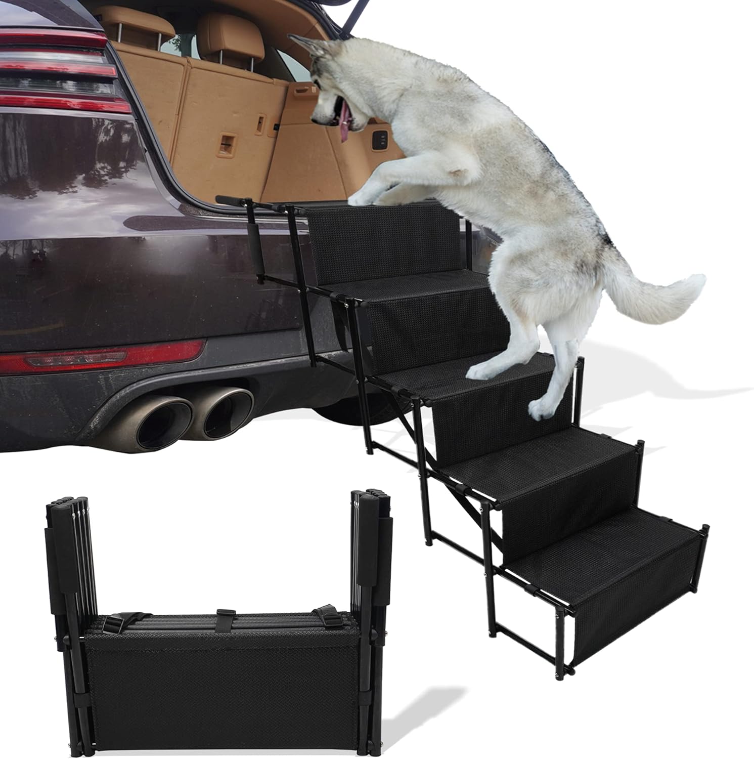 YEP HHO 5 Steps Upgraded Folding Pet Stairs Ramp Lightweight Portable Dog Cat Ladder with Waterproof Surface Great for Cars Trucks SUVs (Black-Widen&Thicken) 5 steps Black-widen&thicken