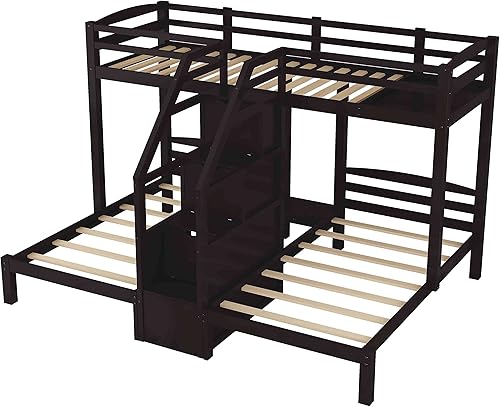 Miniatura 10 de ATY Litera triple con escalera integrada y cajón de almacenamiento marco de cama de madera individual sobre individual con barandillas de seguridad