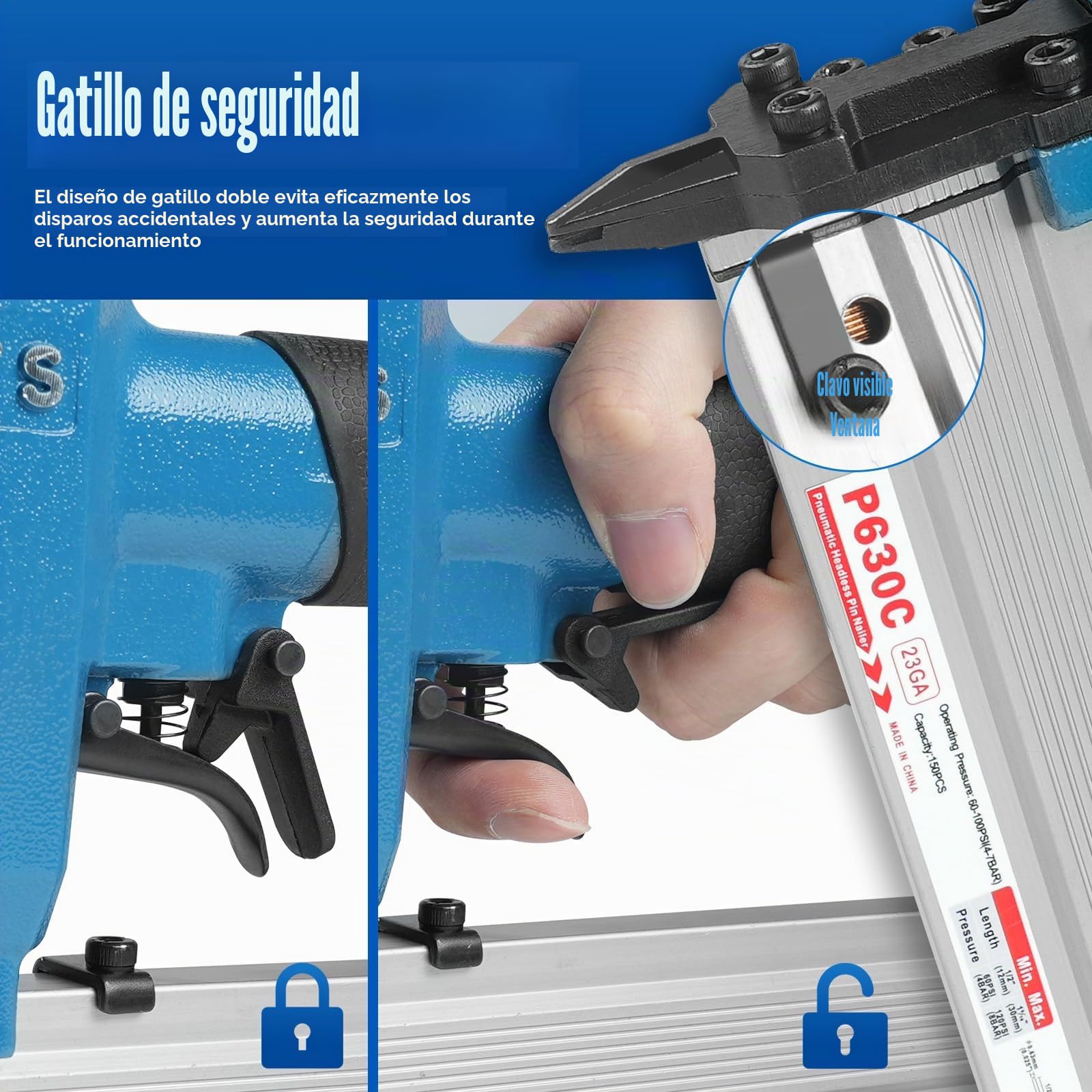 CTS P630C - Clavadora de pines de calibre 23 con 3000 piezas de clavos, pistola neumática sin cabeza con gatillo de seguridad, se adapta a clavos de pin de 1/2'' a 1-3/16'' (12 a 30 mm), micro