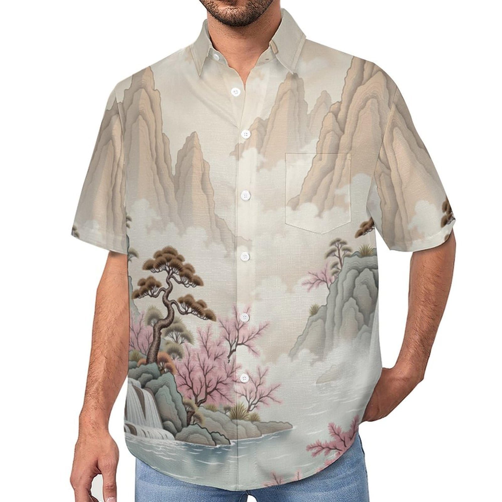 Camicia Casual da Uomo, Cascata Albero di Pesco in Fiore Stampa Maglietta Estiva a Maniche Corte Stile Stile Cinese Casual Button Down Hawaiani Camicie Risvolto Spiaggia Top