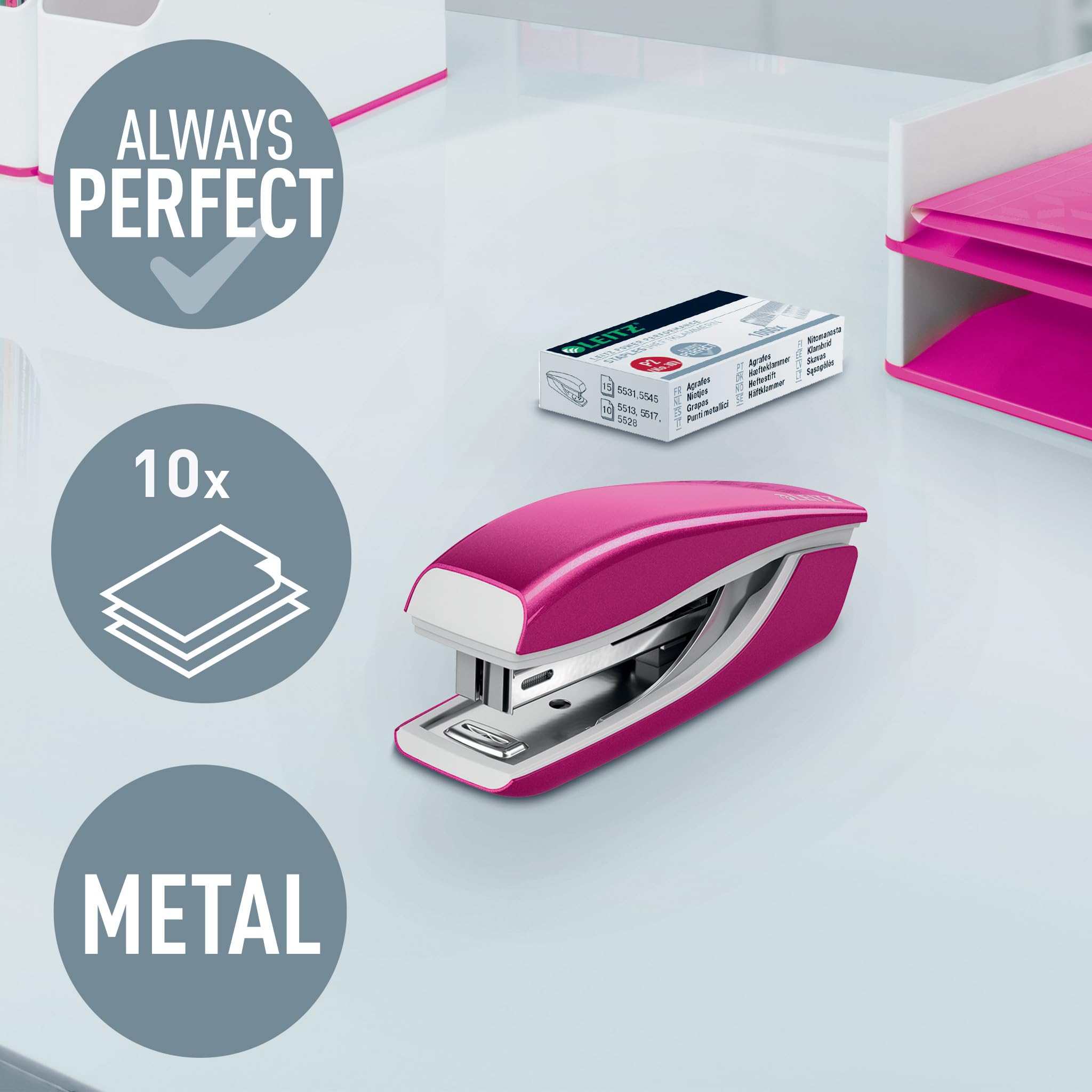 Leitz, Zszywacz Mini Leitz NeXXt WOW, Zszywa do 10 Kartek, Ergonomiczna, Metalowa Obudowa, Opakowanie Zszywek w Komplecie, Kolekcja WOW, Metaliczny Różowy, 55281023