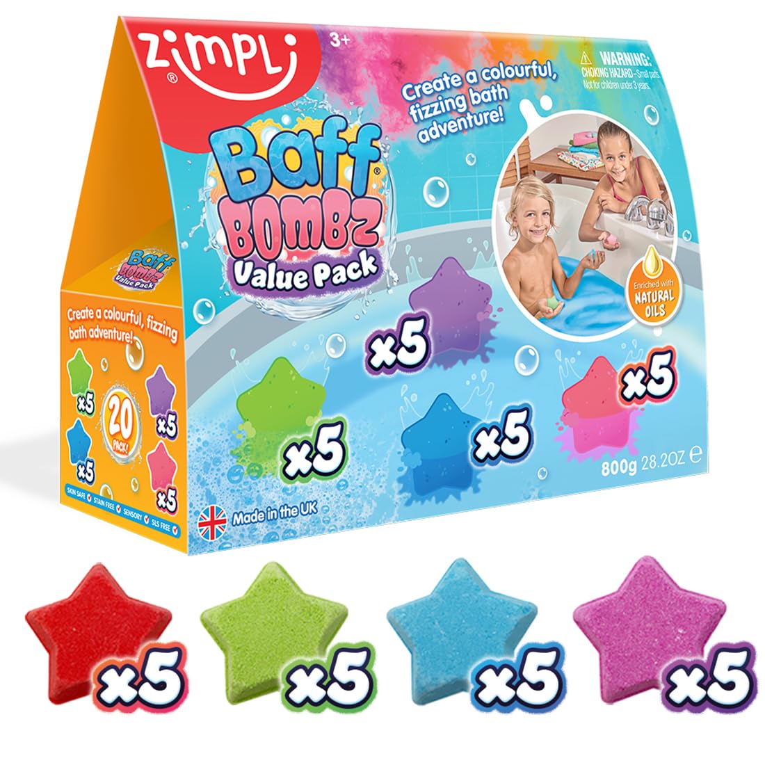 Zimpli Kids - 20 x Star Baff Bombz, Create a Colourful, Fizzing Bath Adventure, Bath Bomb Making Kit for Children, Value Bundle Fizzing Bath Bombs, Birthday Gifts for Boys & Girls, Non-Toxic