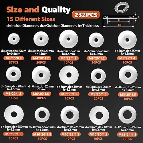 Miniatura 3 de 232 arandelas planas, surtido de arandelas de guardabarros de acero inoxidable 304, 15 tamaños diferentes de arandelas anchas M3 M4 M5 M6 M8 M10 M12