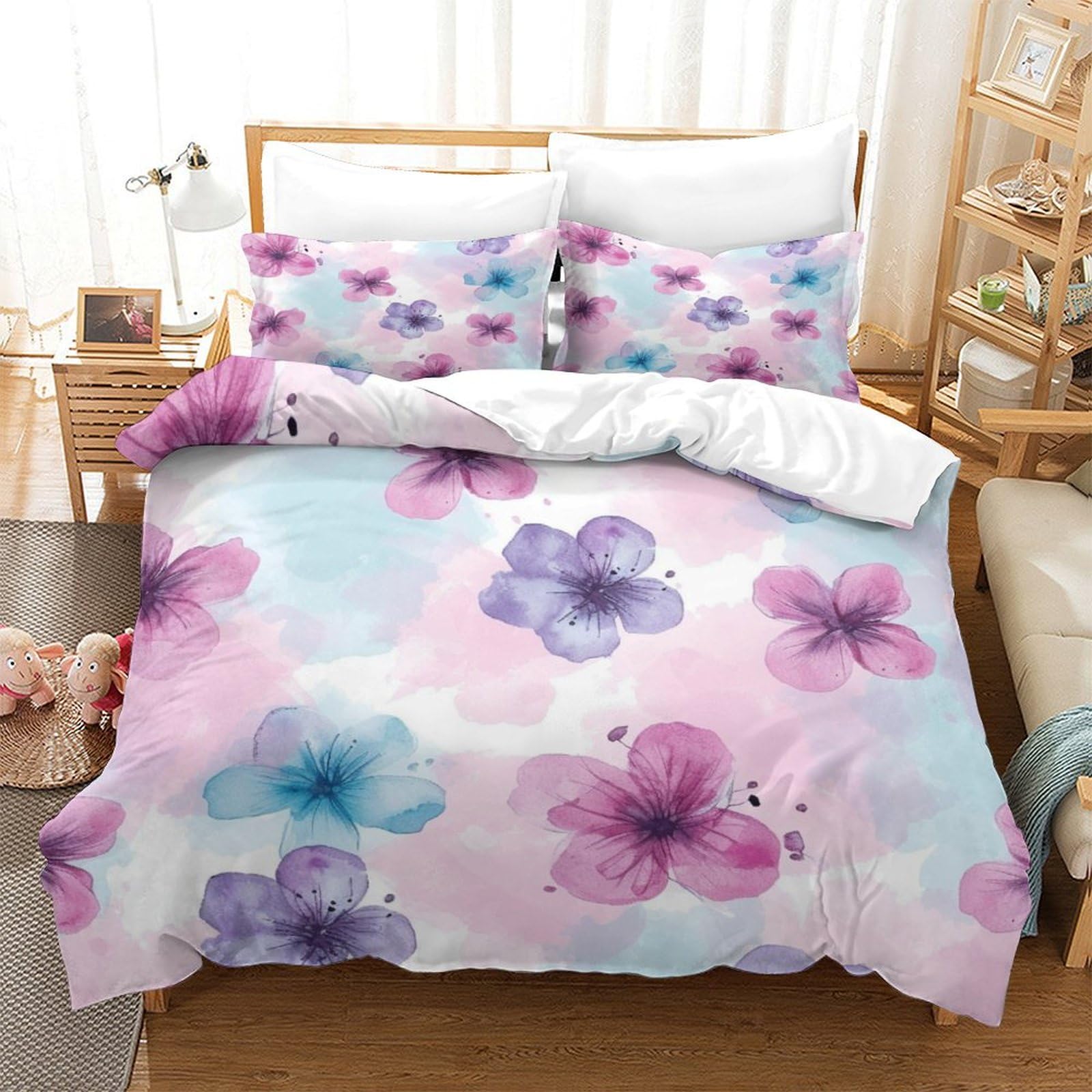 P1S9U7W5Y Watercolor Floral 3D Printed Microfiber 3pcs Duvet Cover Set Watercolor Design 3D Bedding Set Super king（260x220cm）