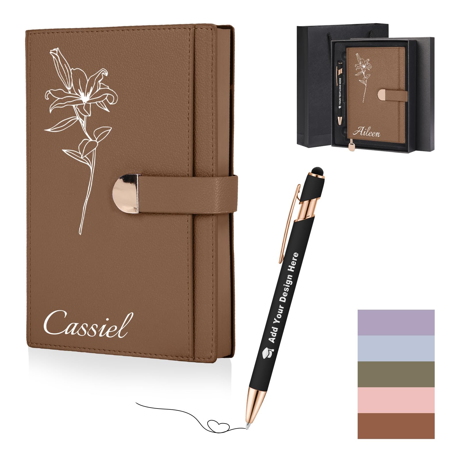 ENOMY Personalised A5 Leather Notebook Gift Set for Women with Coloured Edges Customised Journal & Pen Birthday Diary Work Brown