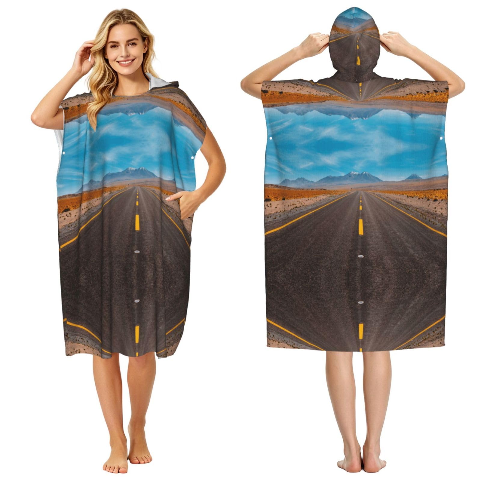 EZDLOWVBA Highway Road In The Desert Landscape Print Hooded Poncho Microfiber Beach Towel,Adult Women & Men Changing Robe,Lightweight Summer Surf Swim Bath Poncho Towel