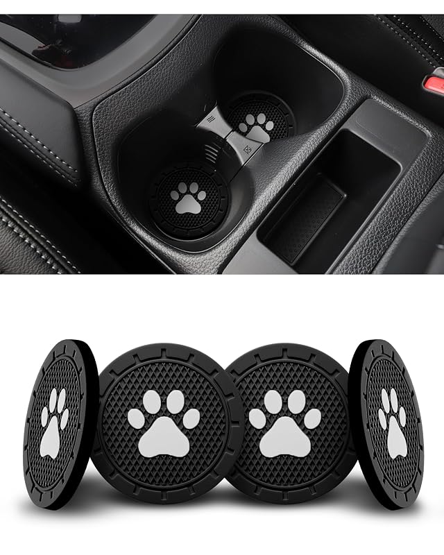 Kit com 4 Porta-Copos para Carro AQUAOK com Estampa de Patinha, Inserto Redondo de Silicone Antiderrapante, Preto