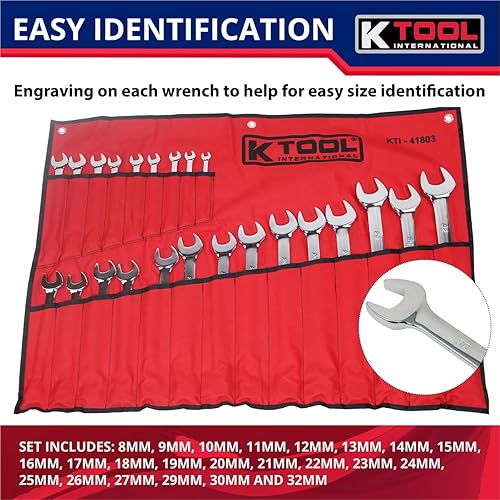 Miniatura 5 de K Tool International 41803 Juego de llaves combinadas métricas para garajes, talleres de reparación y bricolaje, cromadas, 12 puntos, grabado con