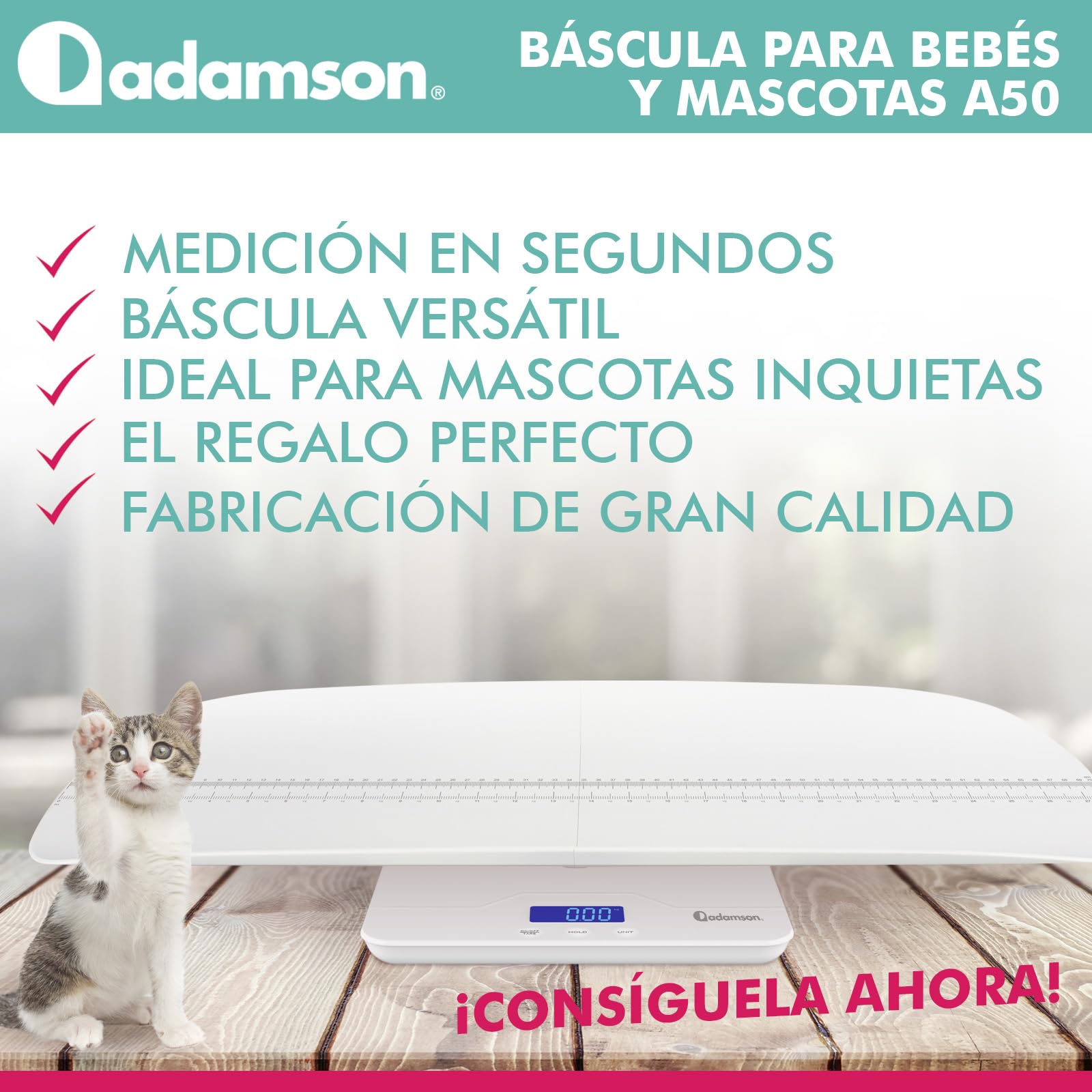 Adamson A50 Báscula para mascotas y bebés - Báscula digital para gatos, perros, conejos, cachorros, niños, adultos - Ideal para bebés prematuros - Hasta 100 kg