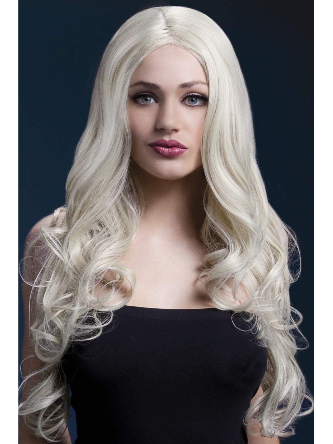 Smiffys Fever Rhianne Wig, Blonde Long Soft Curl with Centre Parting, 26inch/66cm, Fever Wigs Fancy Dress, Fever Dress Up Wigs