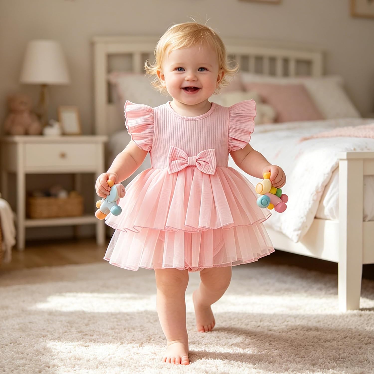 Baby Girls Tutu Dress Romper with Bow Ribbed Cotton Bodice Infant Party Outfit 0-24M