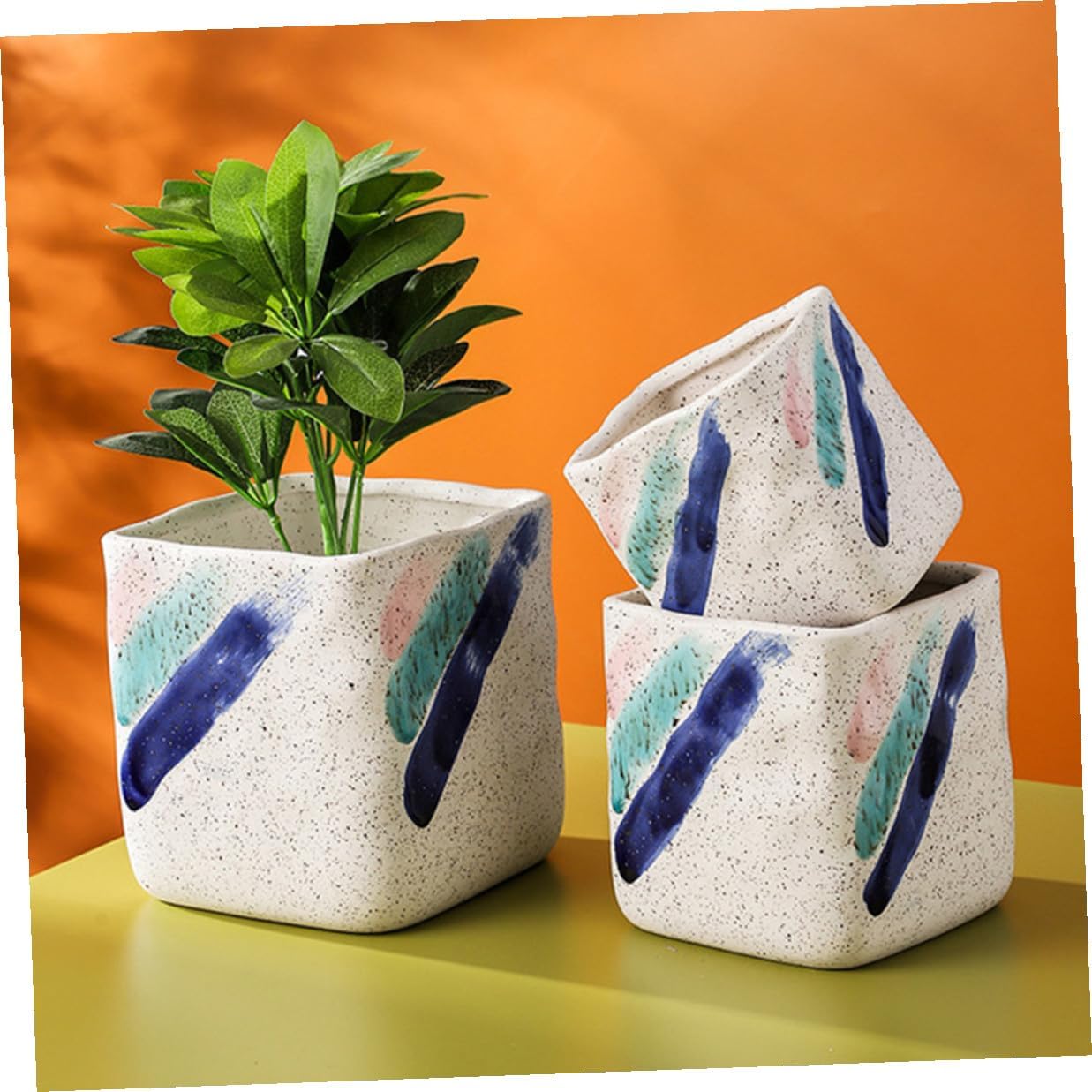 Gadpiparty Ceramic Plant Pot Square Indoor Planter Medium Hand-Painted Decorative Flower Pot for Balcony and Entryway Gardening