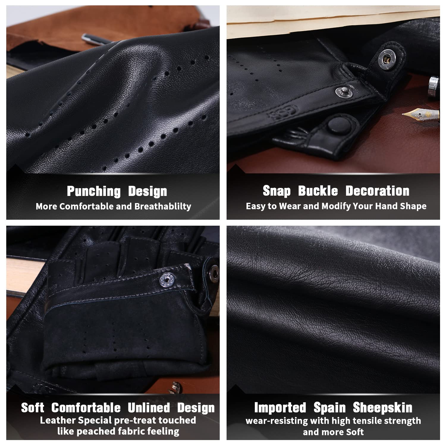 GSG Guantes sin Dedos de Cuero para Mujer sin Forro Medio Dedo Guantes de Piel de Oveja para Conducir W200103