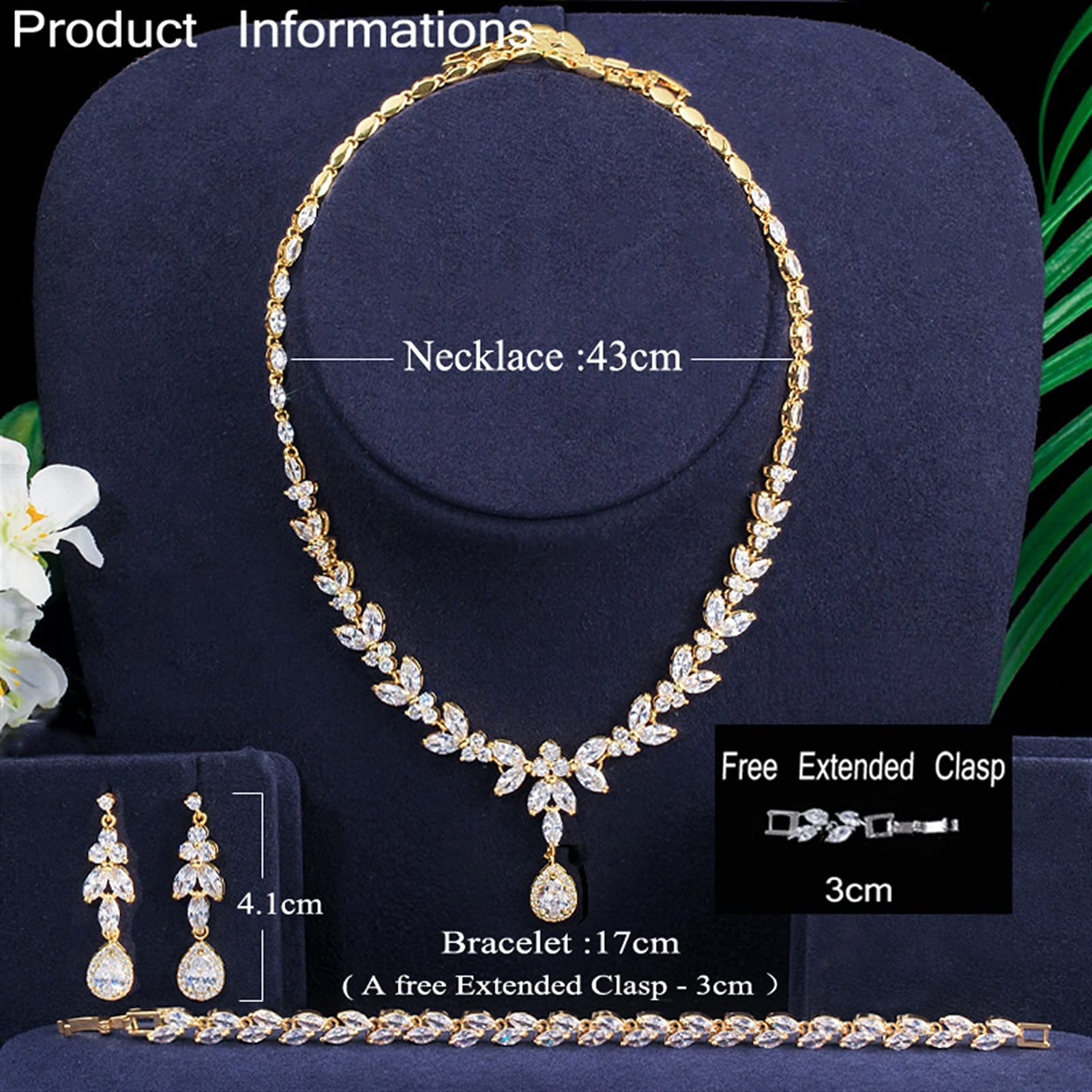 Joyería 3 uds Traje de Mujer Conjunto de Joyas de Oro Grande circonita cúbica Brillante Gota Novias Collar Pendientes y Pulseras